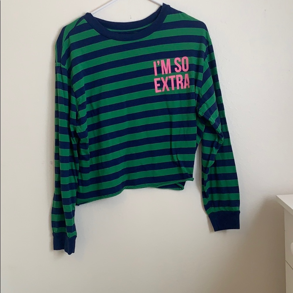 blue and green top with font on the side